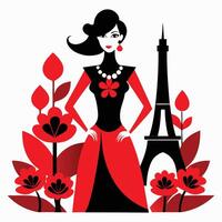 a woman in a red dress and black flowers stands in front of the eiffel tower vector