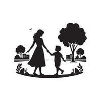 A joyful black silhouette of a mother and child holding hands while walking through a park on a white background. vector