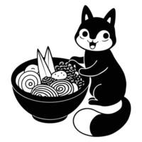 a black and white drawing of a cat eating noodles vector