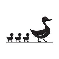a black and white silhouette of a duck and three babies vector