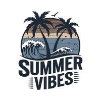 summer vibes logo design with palm trees and waves vector