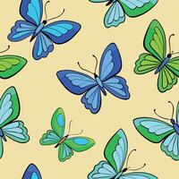 a pattern of blue and green butterflies on a yellow background vector