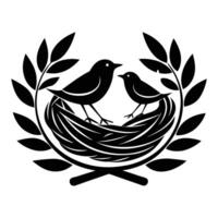 two birds in a nest with leaves and laurel wreath vector