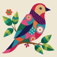 a colorful bird sitting on a branch with flowers vector