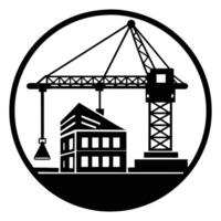 a black and white image of a crane and building vector