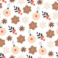 Holiday Pattern with Gingerbread Cookies, Snowflakes, and Glass Decorations vector
