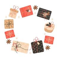 Holiday Circle Frame with Gifts, Snowflakes, and Anise - Space for Text vector