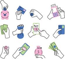 A playful set of finance hand gesture icons in minimalist line art for digital transactions, payments, and savings. vector