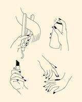 A set of minimalist line art illustrations showcasing hand gestures related to beauty, skincare, and makeup routines. vector