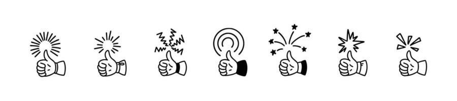 Thumb up cute line doodle icons set. Good expression. Hand sketch illustration. Social media comment, post like, rate symbol. Customer positive feedback. Raised finger vector