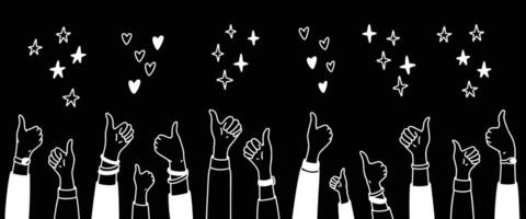 Raising hands with thumb up doodle background. Positive reaction for social media post, live stream, book, online shopping experience. Handwriting falling stars, bling, sparks, glitter, hearts. vector