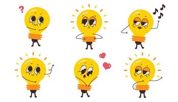 Set of yellow lightbulb character with different emotions. illustration vector