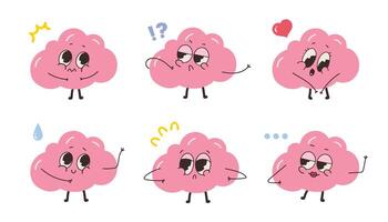Set of pink brain character with different emotions. illustration in cartoon style. vector