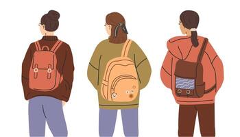 Back view of a group of young students with backpacks. illustration vector