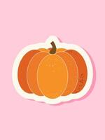 Ripe pumpkin sticker isolated on pink background. vector