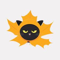 A whimsical black cat is angry wearing a hat in the shape of a yellow maple leaf. vector