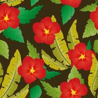 Tropical green leaves and red hibiscus flowers form a seamless pattern on a dark background. vector
