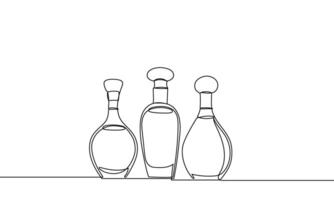 One continuous line drawing of perfume bottles. Linear silhouette. Banner. Minimalistic linear contour illustration vector