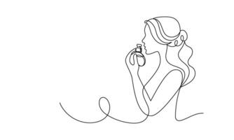 One continuous line drawing woman with perfume bottle inhales aroma. Find right fragrance for personality. Banner. Linear contour illustration vector