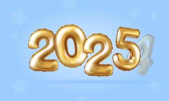 Happy New Year 2025. Banner. Background realistic golden numbers of balloons. 3d decorative design elements on a blue background with stars vector