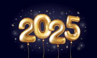 Happy New Year 2025. Banner. Background realistic golden numbers of balloons. 3d decorative design elements on a dark background vector
