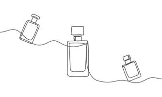 One continuous line drawing of perfume bottles. Banner. Linear silhouette. Minimalistic linear contour illustration vector