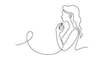 One continuous line drawing woman with perfume bottle spraying fragrance on neck. Find right fragrance for personality. Banner. Linear contour illustration vector