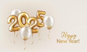 Happy New Year 2025. Banner. Background realistic gold numbers from balloons and transparent balloons with confetti. 3d decorative design elements on a light background vector