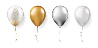 Set of realistic glossy air balloons isolated. Gold, silver, metallic, transparent with confetti and white festive 3d helium balloons vector