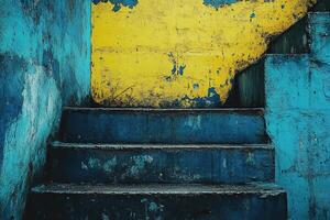 Old blue steps on blue yellow concrete background. Distressed texture adds rustic look to bright scene. Colors of the flag of Ukraine. photo