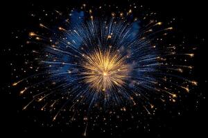 Flower shaped fireworks in gold and blue hues in the night sky. Generated by artificial intelligence photo