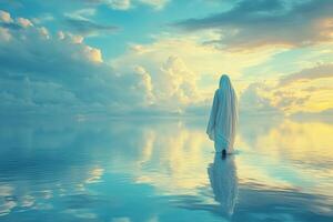 Silhouette of a woman in white clothes with her head covered walking on a calm water surface. Concept of faith and religion. photo