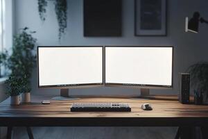 Two computers with white screen on home office desk suitable for mockups and presentations with plenty of copy space for your designs photo