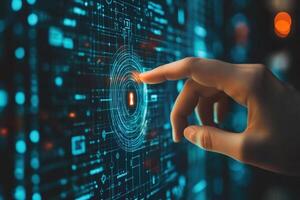 Fingers of a man's hand touching a modern high-tech screen with artificial intelligence. Concept of future technologies. Generated by artificial intelligence photo