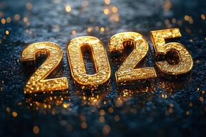 Golden inscription 2025 on a blurred background. Golden numbers on a concrete background with highlights. Generated by artificial intelligence photo
