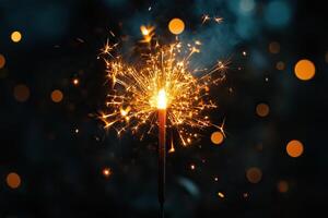 Beautiful sparkling sparkler on dark background with golden bokeh highlights. Generated by artificial intelligence photo