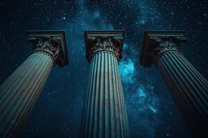Architectural columns from ancient Greece against the bright starry sky at night. Photo from below of antique columns and the Milky Way.