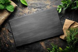 Blank black chalkboard sign on black concrete background with green leaves frame. A plate for text or title. Generated by artificial intelligence photo