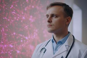 Doctor man in white coat with statoscope on neck against background of artificial intelligence neural connections. Concept of latest technologies in medicine. Generated by artificial intelligence photo