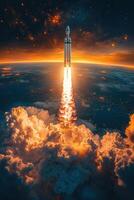 A rocket takes off from the surface of the earth into space. Clouds of smoke and fire burst from the rocket. Space industry concept. photo