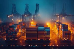 International seaport filled with containers. Many containers standing on top of each other in the port at night. Logistics operations concept. photo