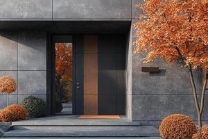 Modern door in Black Team style. Front entrance design for a modern house in gray and black shades. Generated by artificial intelligence photo