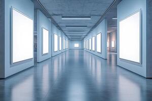 Empty fashion gallery with empty picture frames illuminated by spotlights. Museum or studio interior with white posters in black frames. Art exhibition template photo