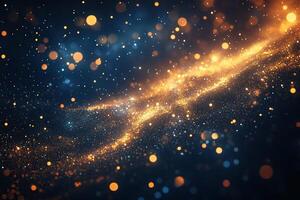 Abstract blue and gold glitter bokeh lights background. Defocused sparkling backdrop for design and celebration. Generated by artificial intelligence photo
