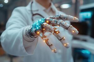 Doctor with metal arm equipped with artificial intelligence in hospital. Concept of artificial intelligence in medicine. Generated by artificial intelligence photo