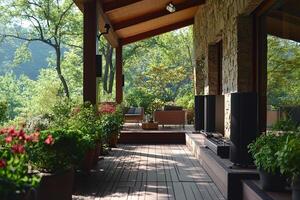 Cozy lounge zone with an acoustic system on the terrace of a country house. Generated by artificial intelligence photo