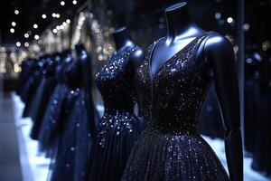 Row of mannequins in black luxury dresses, fashion and style concept. Generated by artificial intelligence photo