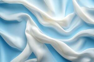 Close-up of transparent delicate white fabric on blue background. Abstract fabric wave background. Generated by artificial intelligence photo