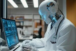 Robot doctor uses computer in work. Concept of artificial intelligence in medicine. Generated by artificial intelligence photo