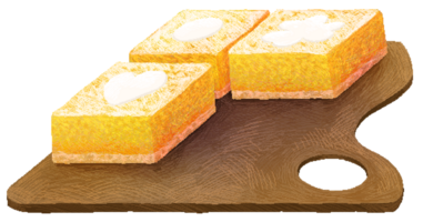 Lemon square on a square wooden plate resembling a color palette in pixel art style png
